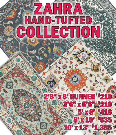 Zahra hand tufted collection 2 feet 6 inches by 8 feet runner $210, 3 feet 6 inches by 5 feet 6 inches $210, 5 feet by 8 feet $418, 8 feet by 10 feet $835, 10 feet by 13 feet $1,385