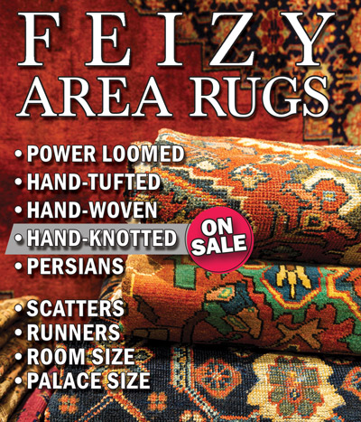 Feizy Area Rugs – Rugs that inspire. Turkish Power Loomed - Scatters for $6.99, 8 feet by 11 feet $98, compare at $29 to $392. Hand Tufted, Hand Woven 100 percent wool or wool silk, 5 feet by 8 feet $59, 8 feet by 11 feet $119, compare at $236 to $476. Hand Knotted 100 percent wool or wool silk Now on Sale, 2 feet by 3 feet to 9 feet 6 inches by 13 feet 6 inches for Now $21 to $449, was $29 to $648, compare at $120 to $2,100 and up. One of a kind Hand Knotted Persians 100 percent wool, 8 feet by 10 feet and larger $759 to $1,199, compare at $3,036 and up. ¬Huge variety of styles and colors. Styles and sizes may vary by store. Sale prices only apply to hand-knotted rugs not one of a kind hand knotted Persians. A hand knotted  rug is a rug made by hand on a loom using a specialized technique that involves tying thousands of individual knots into the rug. Hand knotted rugs are considered to be the pinnacle of rug craftsmanship and are often called oriental rugs. Hand knotted rugs can last for hundreds  of years and are often passed down through generations. For more than 40 years, Feizy has built a legacy of fine craftsmanship that has set the industry standard for captivating design and superior rug construction. Whether it is power loomed, hand tufted, hand woven, or hand knotted, Feizy rugs are meticulously created to be the perfect balance between form and function, beauty and utility. Let them make an artistic statement in your home! Hurry in for best selection.