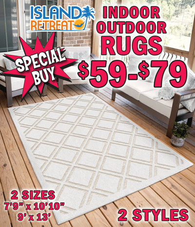 Special Buy Island Retreat Indoor Outdoor Rugs $59 to $79, 2 sizes 7 feet 9 inches by 10 feet 10 inches and 9 feet by 13 feet, 2 styles