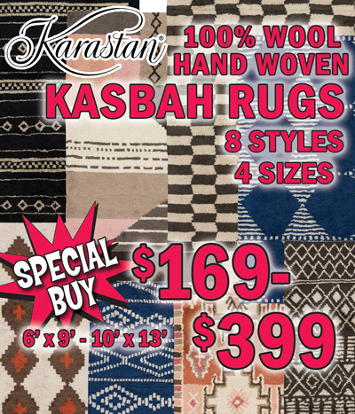 Special Buy Karastan Area Rugs, 100 percent hand woven wool Kasbah Collection, Draa Valley Blue, Safi Black Beige, Rissani Multi, Agadir Charcoal, Rabat Multi, Dervish Blue, Atlas Charcoal, and Massif Multi. Styles and sizes may vary by store.