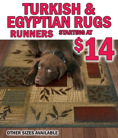 Turkish and Egyptian Area Rugs, hundreds of runners starting at $14, 6 feet by 9 feet starting at $34, 8 feet by 11 feet starting at $59, 10 feet by 13 feet starting at $99