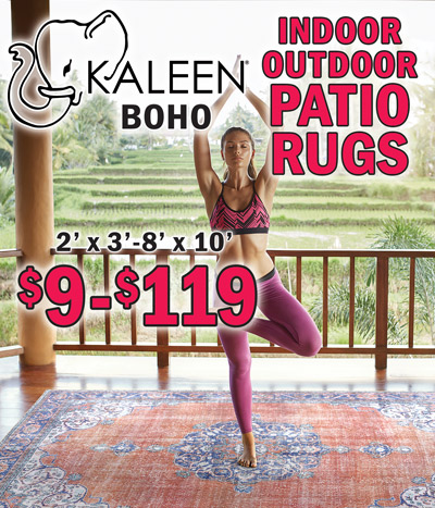 Kaleen Boho Indoor Outdoor Patio Rugs $9 to $119, 2 feet by 3 feet to 8 feet by 10 feet