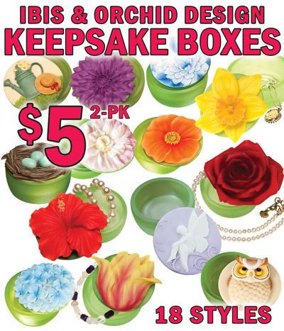 Special Buy Ibis and Orchid Design Keepsake Boxes, our price $5 for a 2 pack, compare online for $12 for only 1. Boxes are sold in 2 packs only. Each contains 2 of the same design. Sorry, no mixing and matching. 18 designs to choose from, styles may vary by store. Perfect for jewelry or small treasures. Each box measures approximately 2 inches by 3 inches. Beautifully sculpted, hand painted lids crafted from bonded marble are soft to the touch, translucent green bases with frosted glace finish add unique charm and light reflection. Ideal as a gift box, jewelry box, or keepsake box. Holds paper clips, mints, or any small treasures, even use as a tea light candle holder. Great gifts! Hurry in for best selection! Red rose item number 13010, Hoot Owl item number 13024, Yellow Tulip item number 13011, Blue Hydrangea item number 13021, Fairy Cameo item number 13025, Poinsettia item number 13007, Watering Can item number 13016, Yellow Hibiscus item number 13013, Hummingbird and Fuchsia item number 13020, Snowdrops item number 13026, Orange Poppy item number 13022, Dahlia item number 13015, Robin’s Nest item number 13017, Secret Garden item number 13019, Confederate Rose item number 13023, Red Hibiscus item number 13006, Pink Rose item number 13003, and Jonquil item number 13000. Jewelry, paper clips, mints, and candle not included.
