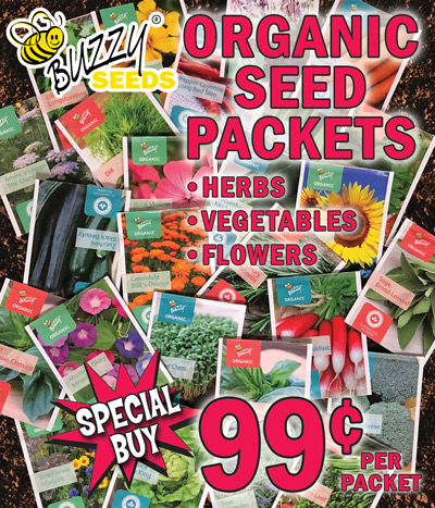 Special Buy Buzzy Seeds Organic Seed Packets, our price 99 cents per packet, item number BUZZYSEED. Herbs, vegetables, and flowers, organic, 100 percent natural, non GMO seeds. Germination protected packets can store for multiple sowings and seasons. These seeds are not available in our Cincinnati Springdale store.