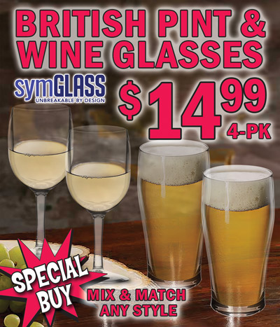 Special Buy Symglass, unbreakable by design, British pint glasses and stemmed wine glasses, our price $14.99 for 4 glasses, mix and match any style glass, compare online for $59.96 a 4 pack, that’s $14.99 per glass! Ours are $14.99 for 4 glasses! This unbreakable drinkware looks like glass, feels like glass, has the weight of glass, but is shatterproof! Durable, strong, and impact resistant, it won’t crack, cloud, or haze, and has the clarity of real glass. It keeps drinks colder, longer while producing less condensation than glass. Dishwasher safe, microwave safe, BPA free, and recyclable. 12 ounce stemmed wine glasses are the perfect drinkware for any occasion, 7 and 3 quarters inches tall, 3 inches wide, item number W dash 4056 dash FB. 20 ounce pint glass is designed in the classic tulip style of traditional British pub glasses, 6 and a half inches tall, 3 and a quarter inches wide, item number T dash 4025. Can be used both indoors and outdoors, for entertaining guests, hosting a wedding, relaxing poolside, or just enjoying a drink with dinner. Add laser etching to personalize with a name or monogram. Perfect to commemorate a special event like a wedding or anniversary. Ideal for company logos. Laser etching $10 for the first 7 minutes plus $2 per minute after. Available at our Chattanooga store only, but can be ordered through any of our store locations. Please be sure to allow for enough production time before your event. Ask your store manager for details.