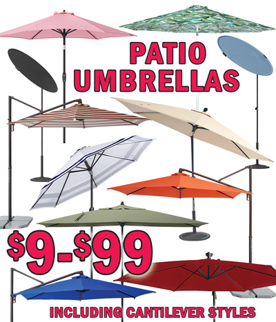 Special Bankruptcy Buy Patio Umbrellas, Chair and Chaise Cushions, and Lumbar Pillows, over 26,000 pieces to select from, over 3,000 Sunbrella 9 foot umbrellas for $79, compare online for $209 to $289 and up, styles, colors, and sizes may vary by store.