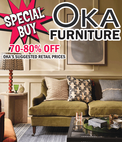 Special Buy OKA Furniture available in 5 stores only, Birmingham, Chattanooga, Chesapeake, Columbia, and Nashville. Get huge savings while you can! Everything is 70 percent to 80 percent off OKA’s suggested retail prices, our price $74 to $1,751, compare online for $248 to $5,836. Armchairs, dining chairs, stools, dining tables, console tables, coffee tables, side tables, sofas, upholstered ottomans, display cabinets, sideboards, chests of drawers, plus lamps, lampshades, and beautiful home décor items. OKA is a high-end British furniture and home décor brand that is exiting the US market. We are liquidating this globally-inspired, well-made, timeless collection of furniture, lamps, and home décor. Hurry in! We have limited inventory of all items, with more trucks coming every week!
