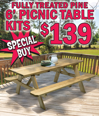 Special Buy Fully Treated Pine 6 foot Picnic Table Kit, our price $139, compare online for $409.99, item number PICNICTABLE. Kit includes all predrilled wood pieces and hardware. 6 foot table seats up to 6 adults. 72 inches long by 59 inches wide by 28 inches high. Pressure-treated pine resists termites, fungus, and rot. Predrilled for easy assembly with rust-resistant hardware. No splintering or rough edges, pre-sanded finish, and bench ends are beveled for added safety. Ready to paint or stain if desired. This all-American classic picnic table can be used in parks, picnic areas, and your own backyard. Perfect for outdoor gatherings.