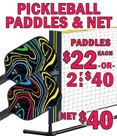 Special Buy Kasaca Sports Pickleball Paddles and Net. Graphite T700 Carbon Fiber Pickleball Paddles with cover, our price $22 each or 2 for $40, compare online for $39 each, item number PB dash PADDLE, 2 colors green or pink. Paddle size 15 point 83 inches long by 7 point 95 inches wide, grip length is 5 point 24 inches. Carbon fiber construction prioritizes accuracy and control over strength, ribbed handle has textured surface for a secure and comfortable grip, and honeycomb core offers noise reduction and improved control for better performance. 17 foot Portable Pickleball Net with carrying case, our price $40, compare online for $79.80, item number PB dash NET. Adjustable height from 36 inches to 61 inches, connected with flexible bungee cords for easier assembly. Multi sport options perfect for pickleball, badminton, tennis and volleyball.