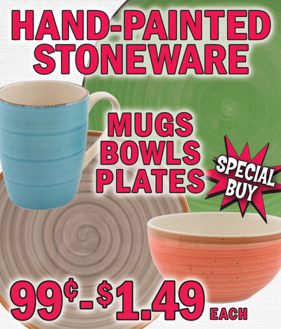 New Shipment, New Styles, Special Buy Hand Painted Stoneware in 4 new colors – blue, grey with sesame border, green, and orange with sesame border. Buy as matched sets or mix and match colors. Pieces sold individually, 12 ounce mug 99 cents each, 8 and a half inch bowl $1.29 each, 7 and a half inch side plate $1.29 each, 10 and a half inch dinner plate $1.49 each. Blue item numbers mug PLT-HT514-12-BLUE, bowl PLT-HT514-85-BLUE, side plate PLT-HT514-75-BLUE, dinner plate PLT-HT514-105-BLUE. Grey Seed item numbers mug PLT-HT514-12-GREY, bowl PLT-HT514-85-GREYSEED, side plate PLT-HT514-75-GREYSEED, dinner plate PLT-HT514-105-GREYSEED. Green item numbers mug PLT-HT514-12-GREEN, bowl PLT-HT514-85-GREEN, side plate PLT-HT514-75-GREEN, dinner plate PLT-HT514-105-GREEN. Orange Seed item numbers mug PLT-HT514-12-ORANGESEED, bowl PLT-HT514-85-ORANGESEED, side plate PLT-HT514-75-ORANGESEED, dinner plate PLT-HT514-105-ORANGESEED. This vibrant stoneware will add a pop of color to your table and make every meal more lively.