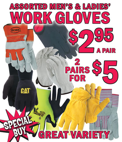 Special Buy Assorted Work Gloves, men’s and ladies’ CAT and BOSS brands, our price $2.95 a pair or 2 pairs for $5, compare at $9 to $20.28, item number JISWORKGLOVES. Variety of styles including split leather, leather palm, double woven, cotton, jersey, fleece, neoprene, and latex coated, AND top grain leather driving gloves, styles may vary by store. Hurry in for best selection. When they’re gone, they’re gone!